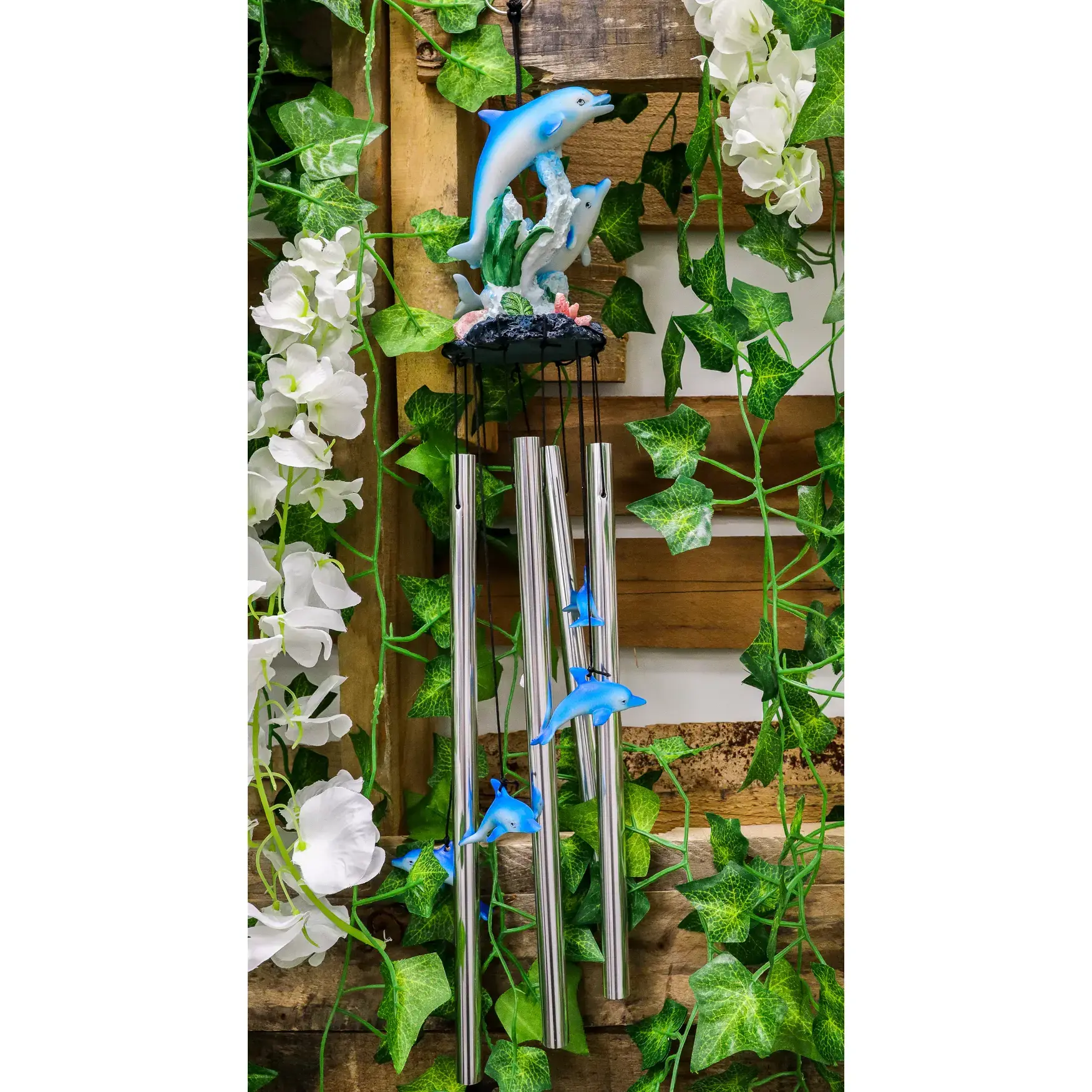 Ebros Nautical Marine Dolphin Family Swimming by Coral Reef Wind Chime 21" Long Resin Crown with Aluminum Rods Home Patio Garden Decor of Dolphins Under The Sea Life Decorative Noisemakers