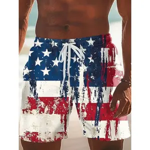 American Flag Pattern Men's Beach Shorts, Summer Casual Quick-Dry Swim Trunks, Outdoor Sports Short Pants, Slim-Fitting Above Knee Swimmertrunks