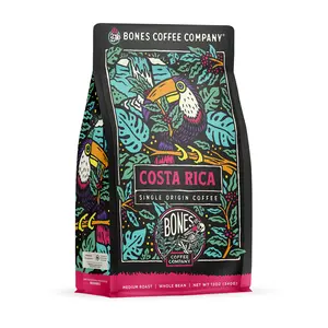 Bones Coffee Company Costa Rica Single-Origin Coffee, Dark Roast, Fresh Arabica Beans (12oz) Chocolate Milk Beverage Natural Flavor