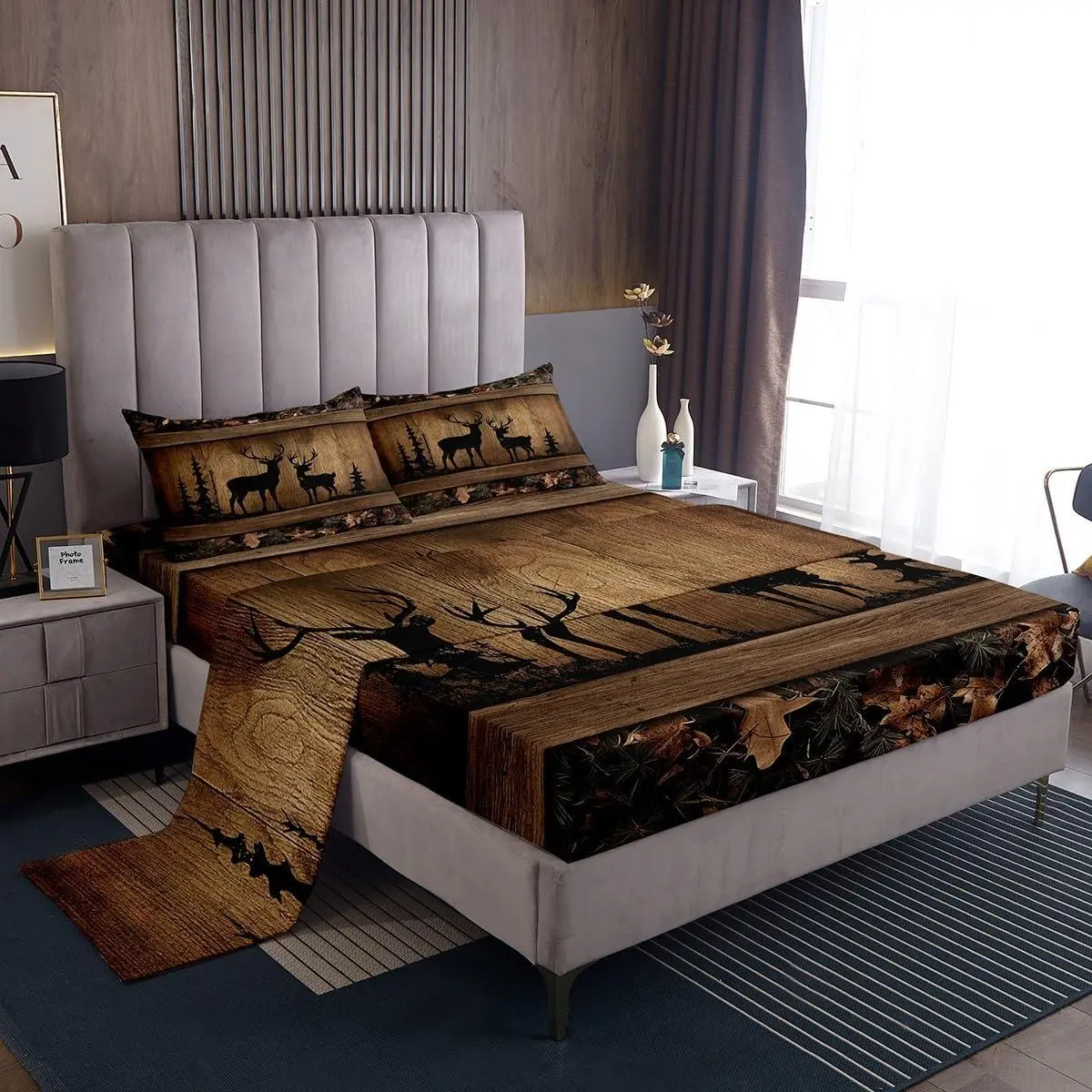 Rustic Cabin Sheet Set Camo Hunting Deer Bed Sheets Farmhouse Woodland Animal Bedding Set Men,Tree Branches Camouflage Wildlife Bed Sheet Set