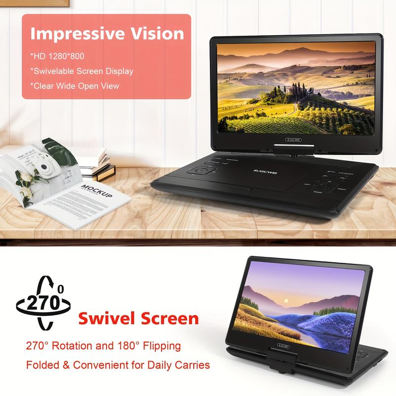 16.9" Portable DVD Player with 270° Rotating Screen Multi-Region Support CD DVD VCD SD Card USB for Car Use & Family Entertainment Digital Products Charger Rechargeable Audio Adapter Remote Control