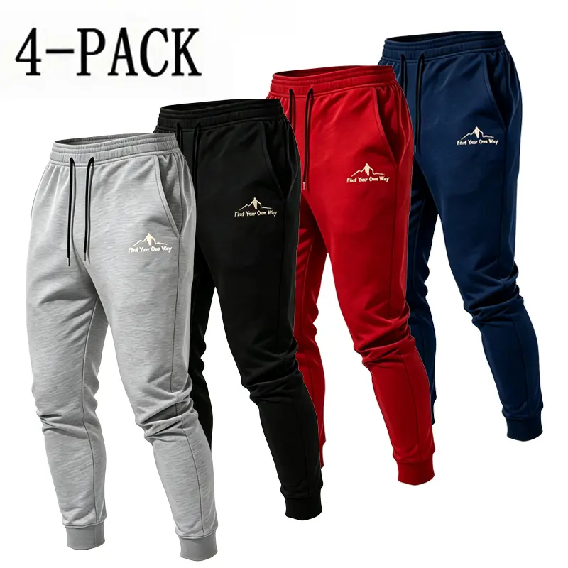 4-pack men’s jogging pants with elastic waistband and drawstring, casual long sports bottoms available in multiple colors, suitable for everyday workouts and an excellent gift for fathers.