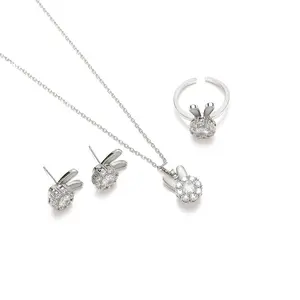 4PCS Bunny Jewelry Set Necklace for Women Cute Fashion Zircon Rabbit Rotatable Necklace Earrings Ring Elegant Jewelry Titanium Steel
