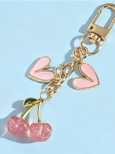 Women's Elegant Cherry Design Heart Keychain, Cute Shiny Cherry Keychain, Keyring, Fashionable Pendant Bag Charm, Casual Style, Stylish Keychain, Keychain For Bags, No Choking Hazard