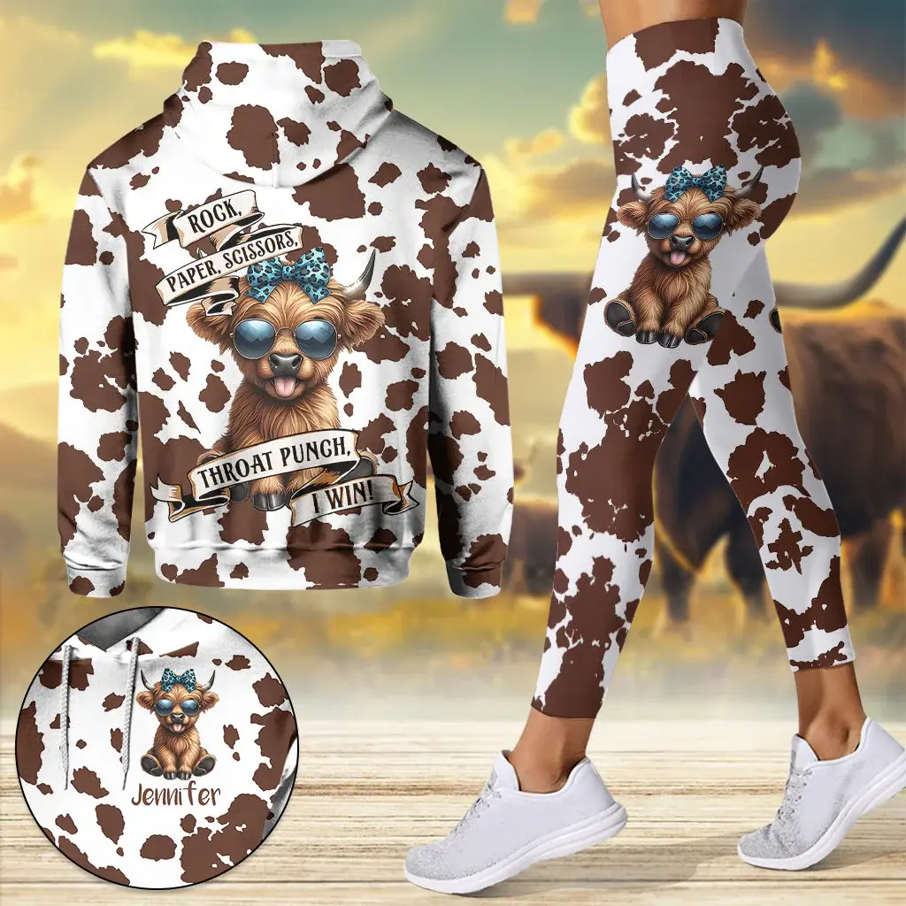Rock Paper Scissors - Personalized Highland Cow Hoodie and Leggings Set, Funny Farm Animal Outfit, Custom Country Cow Lover Gift for Her