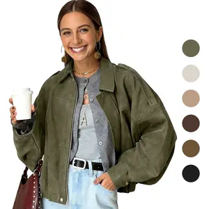 Womens Faux Suede Bomber Jacket Oversized Batwing Long Sleeve Zip Up Cropped Coat Streetwear clothes women outfits
