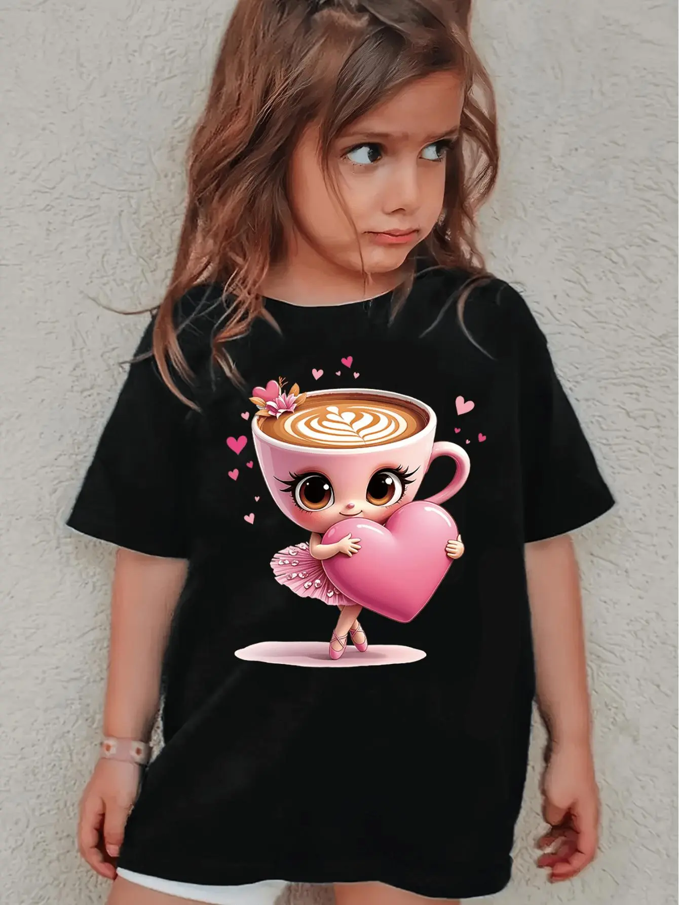 Girls' Classic Short-Sleeve Round Neck Blouse - 12-13 Years, Breathable Regular Fit Summer Top with Ballet Graphic, Cappuccino Dancer & Cup Cha Cha Designs, Holidays, Available in Multiple Sizes