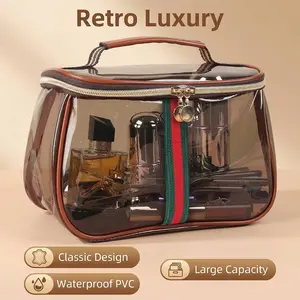 New Retro Vintage Vanity Bag, Clear Makeup Organizer with Handle, Waterproof Transparent Toiletry Bag, Large Capacity Cosmetic Makeup Bag for Women, Travel Skincare Storage Case (Coffee)