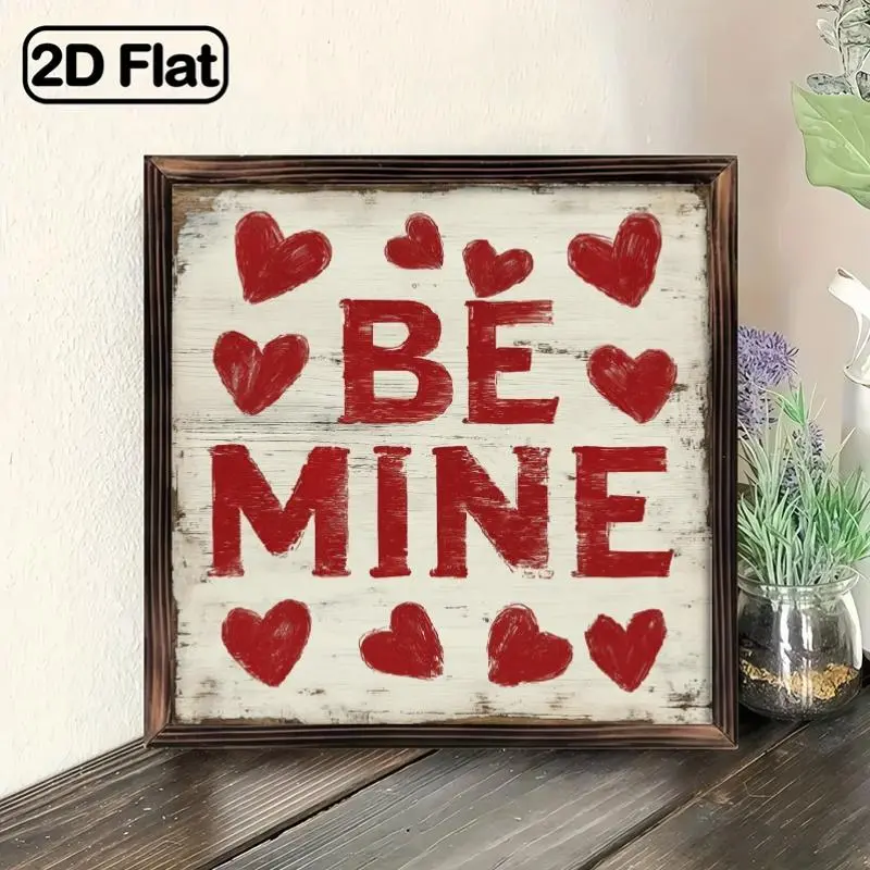 1pc 8x8in Square Classic Vintage Rustic Wooden Wall Plaque Sign - Heart Shape Red "Be Mine" Decorative Vintage Plaque Decor, 1-Piece Farmhouse Home Supplies, Glam Door Accent, Ideal Valentine’s Gift, Outdoor Home Decor