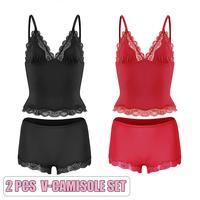 V-Camisole Set(Black/Cherry Red)