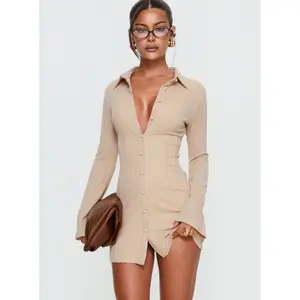 When You Sleep Long Sleeve Mini Dress Beige