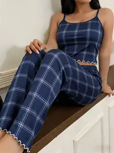 Ladies navy blue white grid print wavy edge sling vest and wide-leg trousers pajama set Loungewear Pjs Nightwear Pyjamas