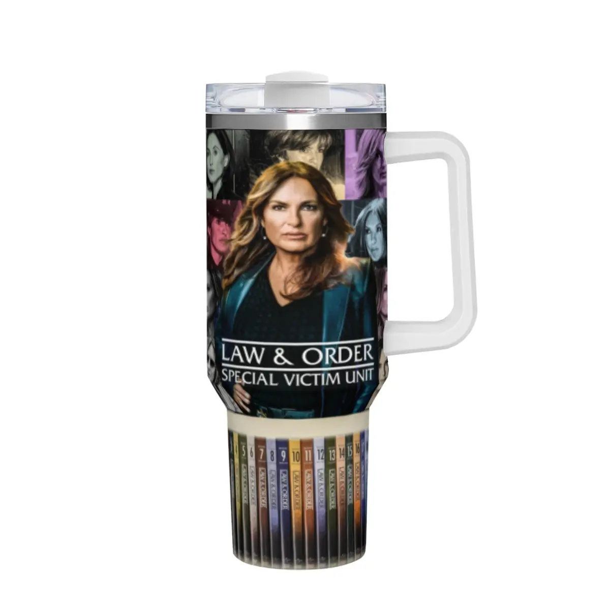SVU Inspired Detective Badge Tumbler 40oz Iced Coffee Travel Mug with Handle, Vintage TV Show Collage Art Straw Lid Cup for Fans, Durable Stainless Steel Water Bottle Gift