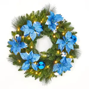 GAOMON 24" Pre-Lit Christmas Wreath with Flower Cypress Leaves & Balls - Front Door Decor for Indoor/Outdoor Winter Christmas Decorations