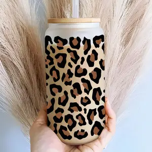 Classic Leopard Pattern Design 16oz Covered Straw Glass Drinking Cup, Reusable Glass Drinking Cup, Glass Jar Design, Suitable for Iced Coffee, Beer, Juice, Drinkware, Fashionable Glassware, Perfect Gift for Coffee Lover, Mom, Family and Friends