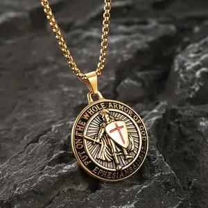 Armor of God Cross Pendant Necklace, Shield of Faith, Ephesians 6:16-17, Religious Amulet, Knights Templar Crusader, Stainless Steel