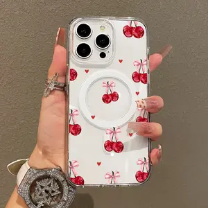 Magnetic Soft Case for iPhone11/12/13/14/15/16/promax, Red bow cherry MagSafe Compatible,Springtok Pattern Design Lightweight,y2k cased,AntiScratch,and Trendy Protector Screen Protector Aesthetic Resistance