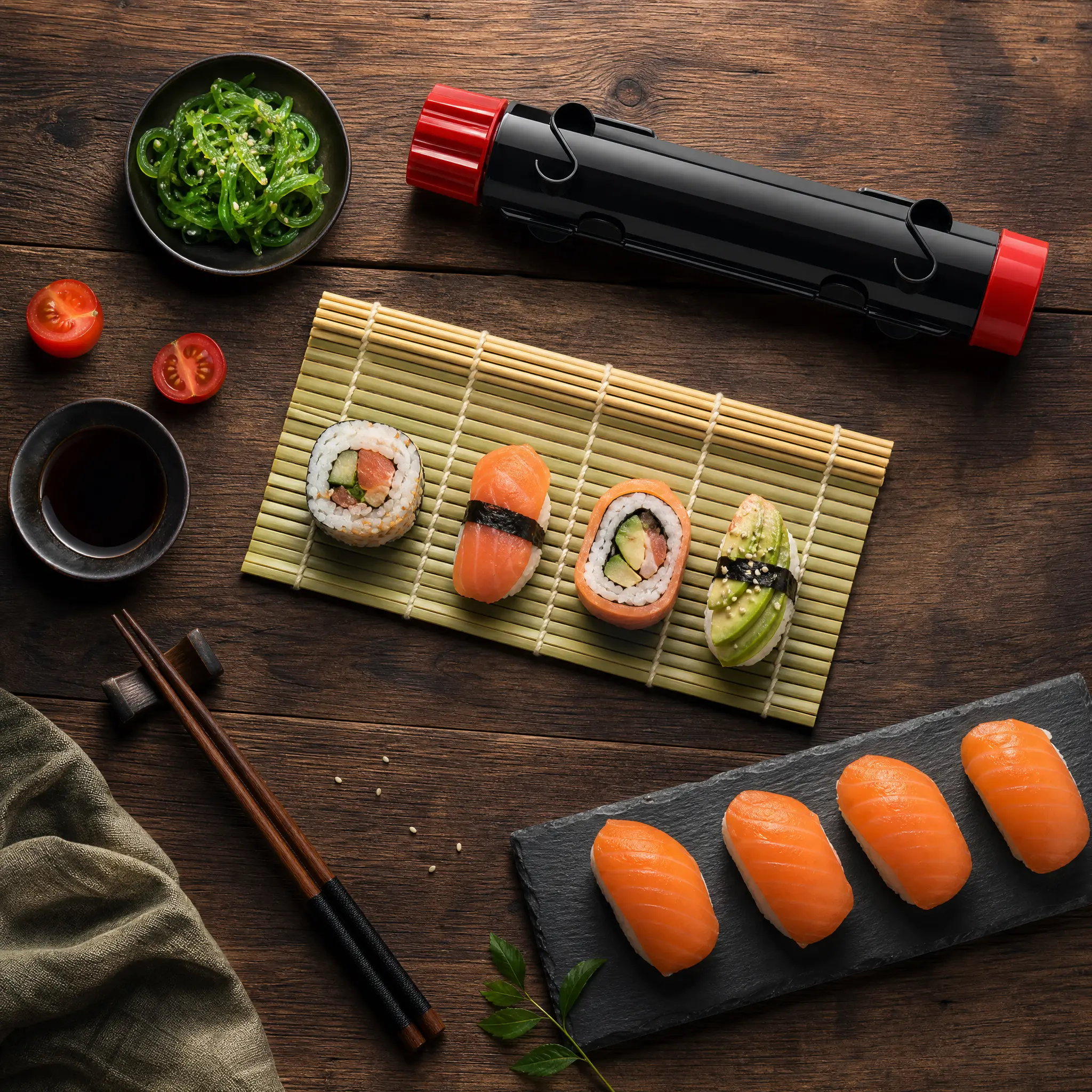 22-Piece Traditional Sushi Making Kit for Beginners - Complete DIY Kitchen Utensils Set with Bamboo Mat, Bazooka Roller, Rice Ball Molder, Non-Stick Silicone Pop Molds, Seasoning, Chopsticks, Spreaders - Ideal DIY Tools Gift for Housewarming, Christmas