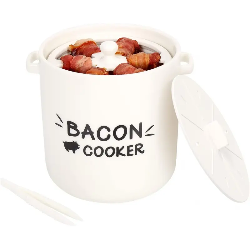 Ceramic Bacon Cooker for Microwave Oven - Splatter-Proof Design Microwave Bacon Cooker with Lid and Bonus Tongs - Easy Faster Bacon Maker for Yummy Crispy Bacon-L