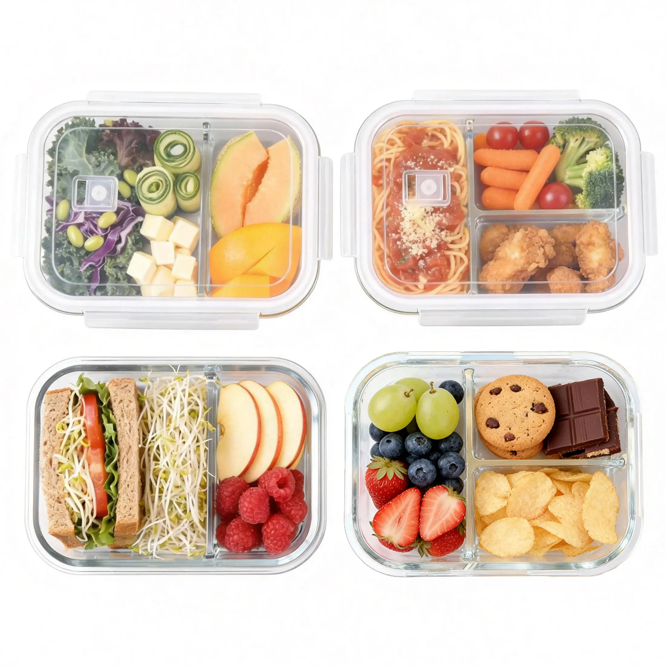 4 Pack Glass Food Storage Containers with Dividers, 8-Piece Meal Prep Containers with Lids, Leak-Proof Bento Lunch Boxes, Microwave, Oven, Dishwasher & Freezer Safe, Glass Tupperware vegetable organizer airtight, Kitchen, Set