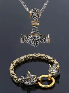 2pc Viking Hammer Necklace and Wolf Head Bracelet Set, Vintage Pendant Necklace for Men, Gothic Style Jewelry for Women, Party Accessories