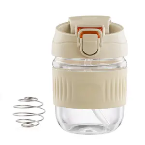 12oz Glass Shaker Bottle with Straw, BPA-Free Leak-Proof Protein Shake Cup, Odorless Multipurpose Water Bottle with Silicone Sleeve for Outdoor, Gym & Travel