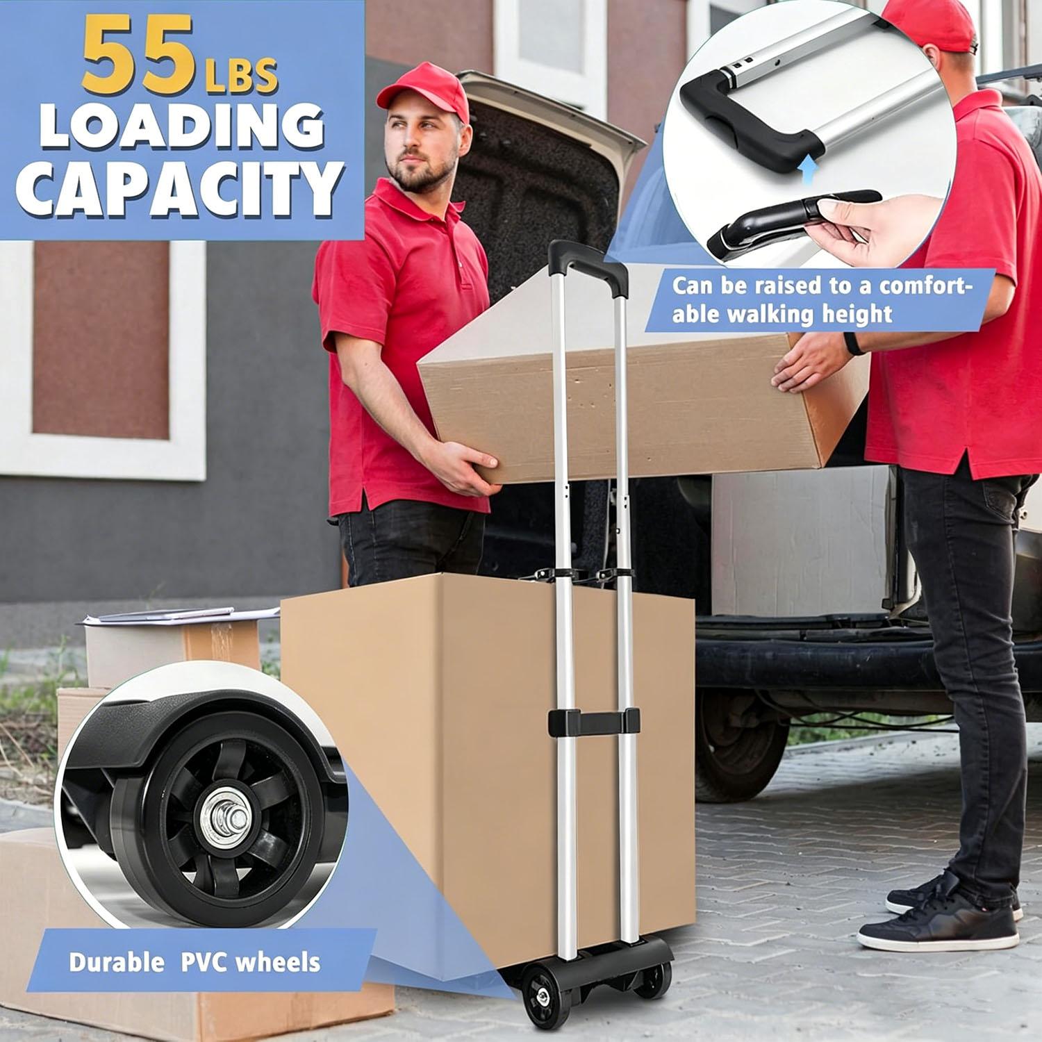 Folding Hand Truck Aluminum Trolley 2 Wheels Fold Up Hand Cart with Elastic Ropes