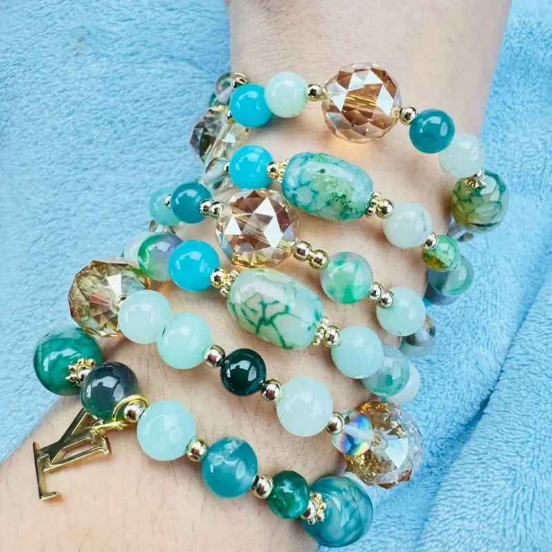 Green 7 spiral bracelet  Natural stone bracelets with 14k gold plated charms components