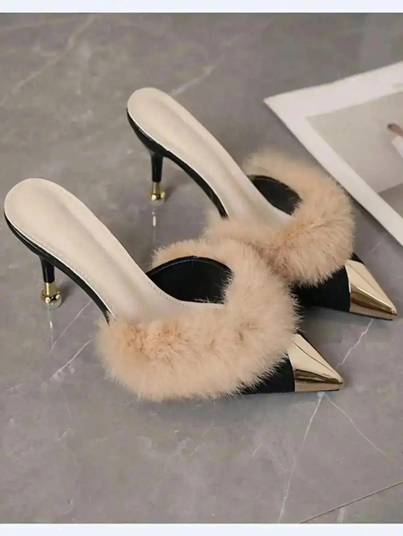 2026 Spring Women Furry Closed-Toe Slip-On High Heel Slippers With Metal Decor Elegant Pointed Toe Stilettos Beige Warm Lining Formal Heels For Party Dance Kitten Mule daily stylish sophisticated dressy modern trendy