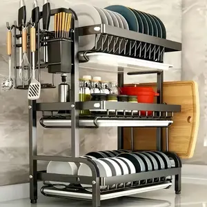 Kitchen Dish Rack 3 Tier Multi-Layer Storage Cupboard Shelf Organizer Holder For Clean Dishes Utensils Compact Space Saving Counter Stand Stainless Steel Metal 5 Compartments Black Color Adjustable Fitting