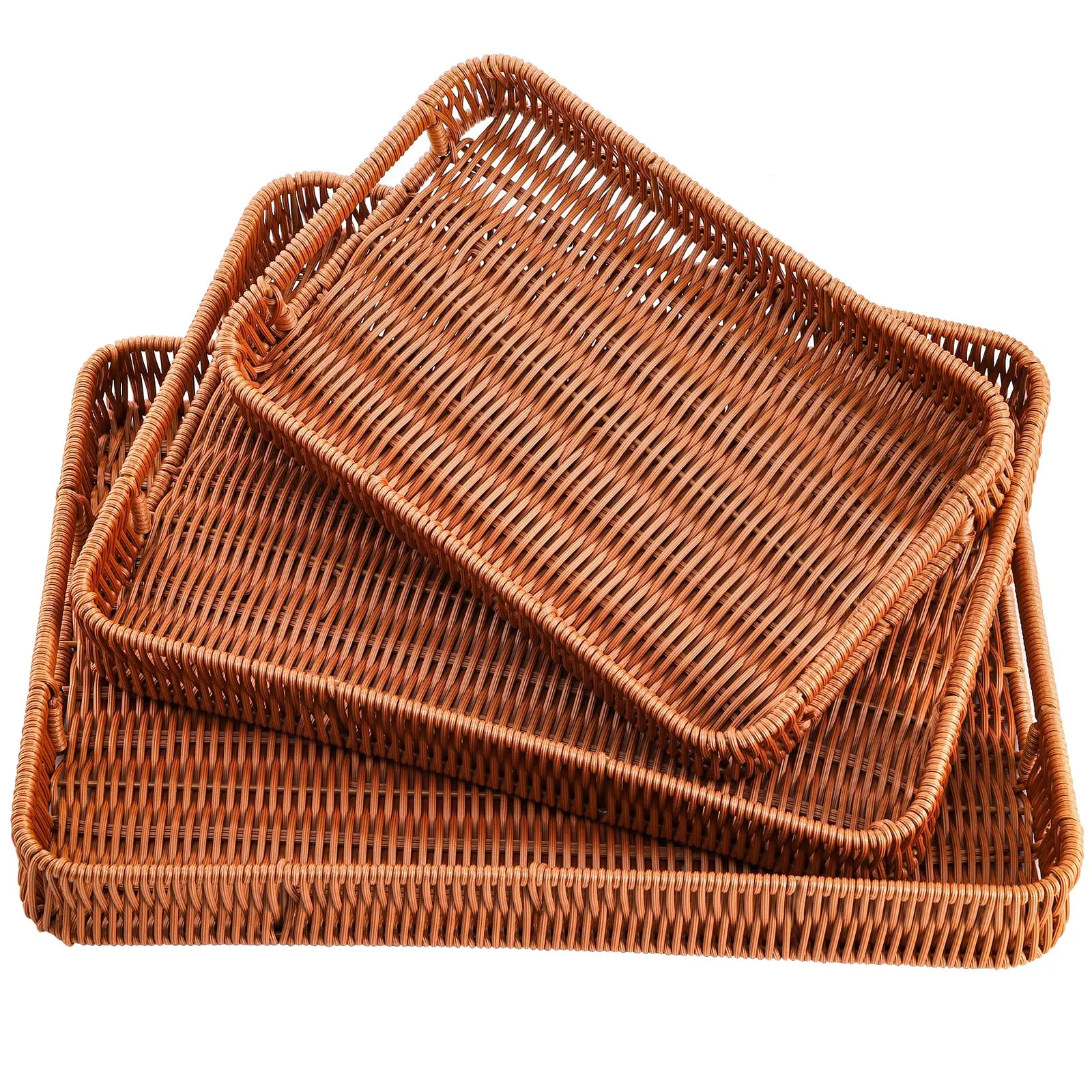 3 Pack Woven Baskets Serving Trays With Handles  Poly Wicker Bread Rectangular Platters For Fruit Vegetables Breakfast Drinks Snacks Dining Coffee Table Sizes