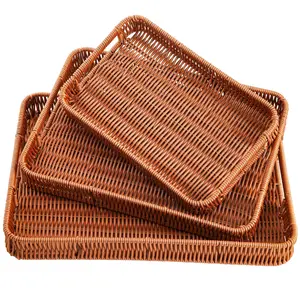 3 Pack Woven Baskets Serving Trays With Handles  Poly Wicker Bread Rectangular Platters For Fruit Vegetables Breakfast Drinks Snacks Dining Coffee Table Sizes