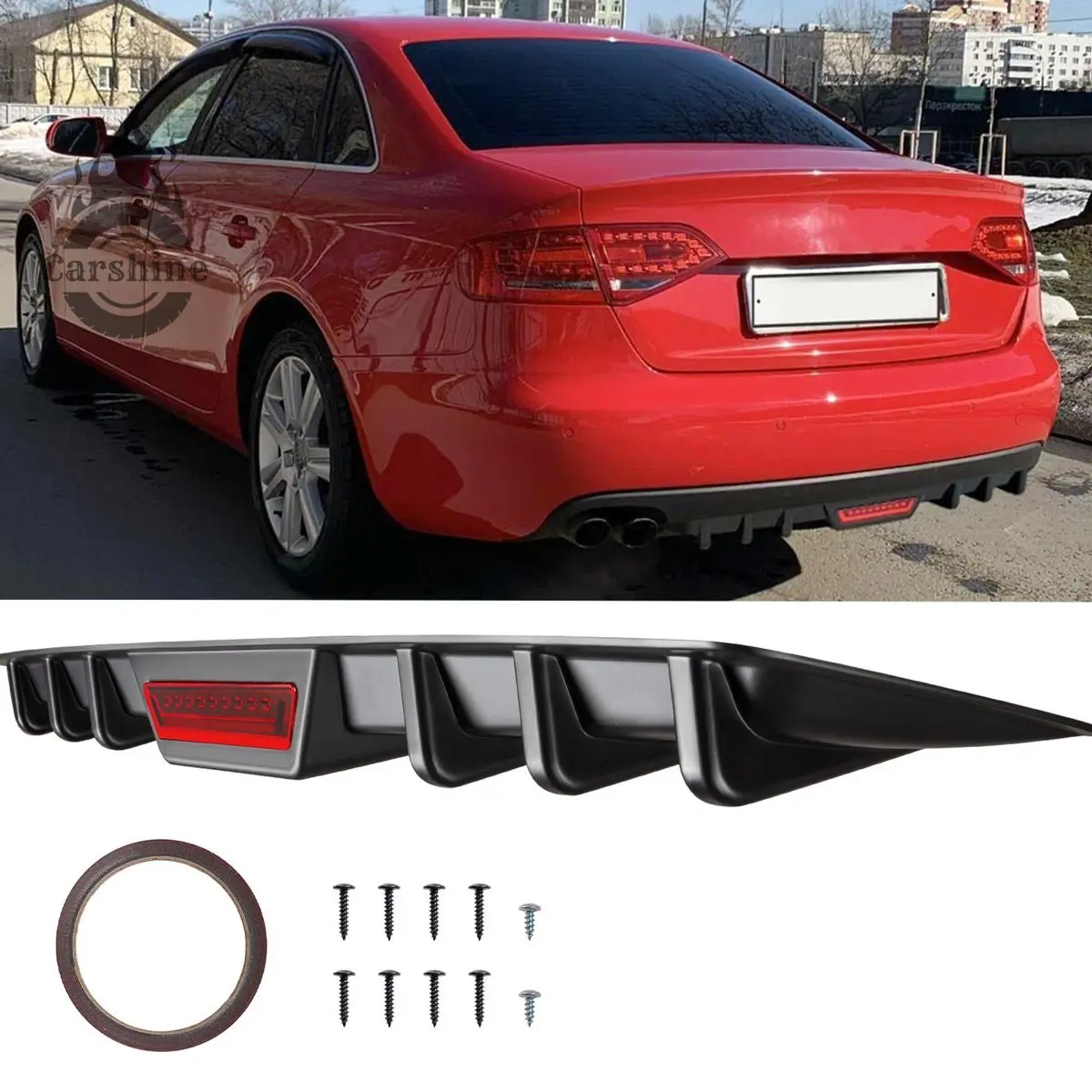 For For Audi A3 S3 A4 S4 A5 S5 A6 Rear Lower Bumper Diffuser Shark Fins Spoiler Lip（Please note: this is a reflective strip, not an actual light.）