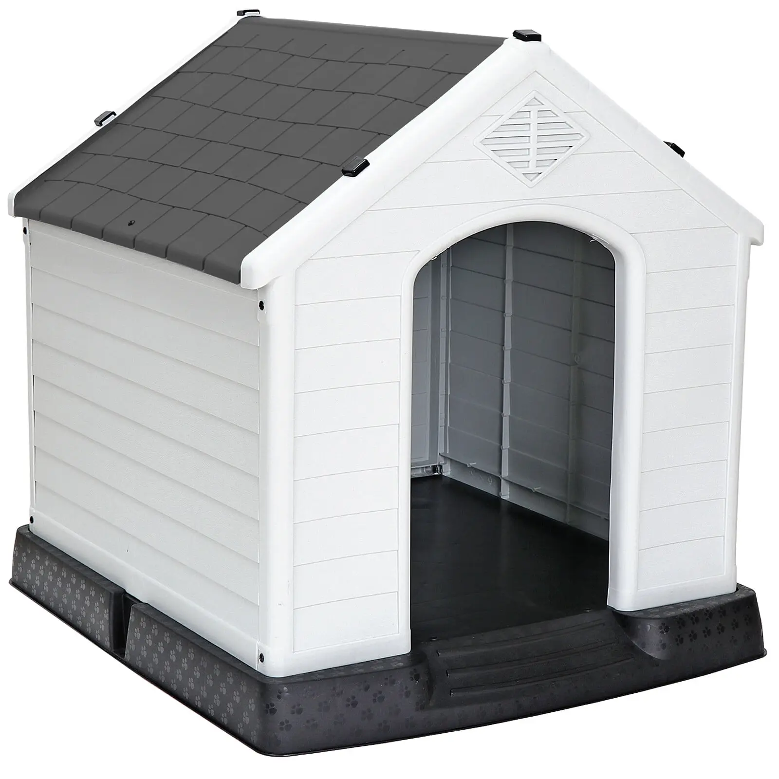 Pet Republic 28-in Plastic Waterproof Doghouse - Safe Cage Kennel, Tough Comfortable Kennel with Built-In Bed for Small/Medium Pets, Indoor & Outdoor Shelter, Gray, Tough Comfortable Kennels