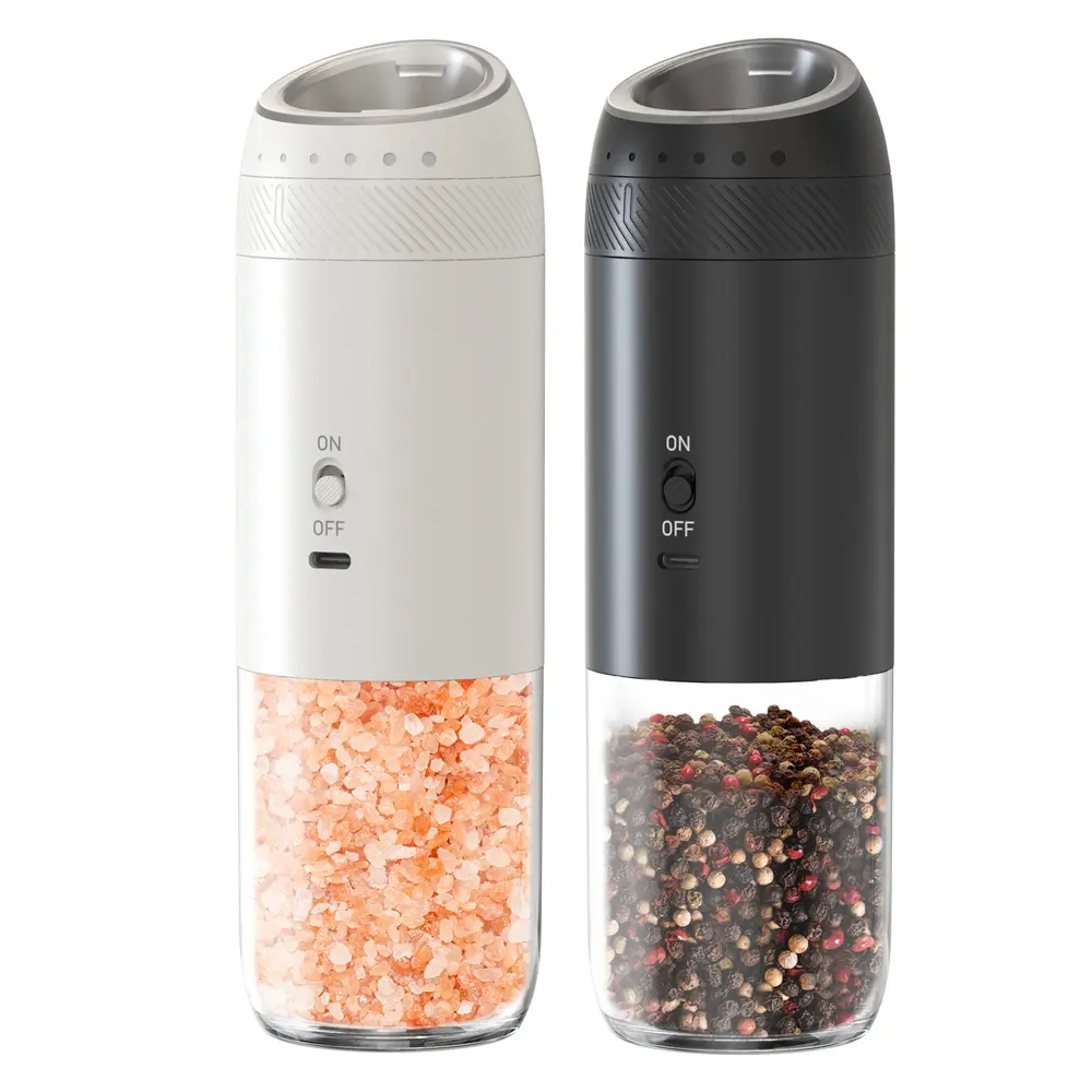 Electric Salt & Pepper Grinder Set – Rechargeable Gravity Sensor Automatic Salt & Pepper Grinder with Adjustable Coarseness, Large Capacity Hopper & LED Light, Kitchen Electric Gadget (2set, 1 Black & 1 White)