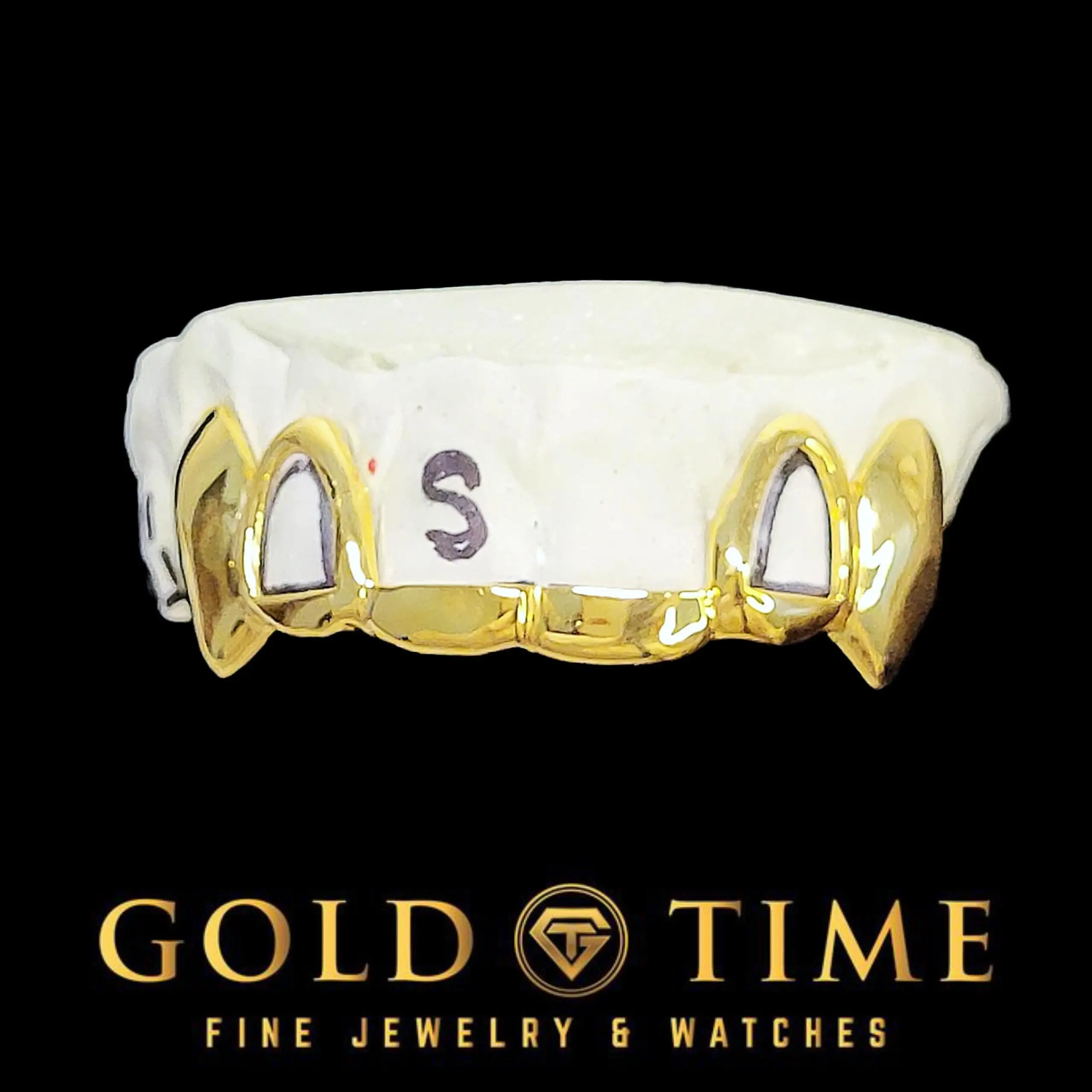 Custom Gold Grillz  6-Piece Solid Front Tips with Open Face Incisors & Solid Canine Fang