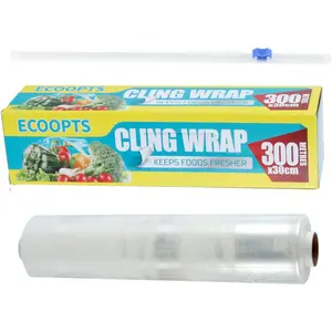 ECOOPTS Cling Wrap Plastic Food Wrap 968 SQ. FT. Kitchen Cling Wrap Includes Slide Cutter BPA-Free Clear Cling Film 30cm×300Meters Cookware Disposable Square Tear