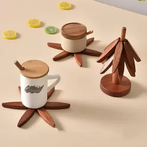 Wooden Trivets for Hot Dishes, Hot Dish Coaster with Tree-Shaped Wood Collapsible Hot Pad Trivet Tree for Restaurant, 4 Wooden Trivet + 1 Stand Wooden Tree-Shaped Trivets Set  Coasters  Tableware