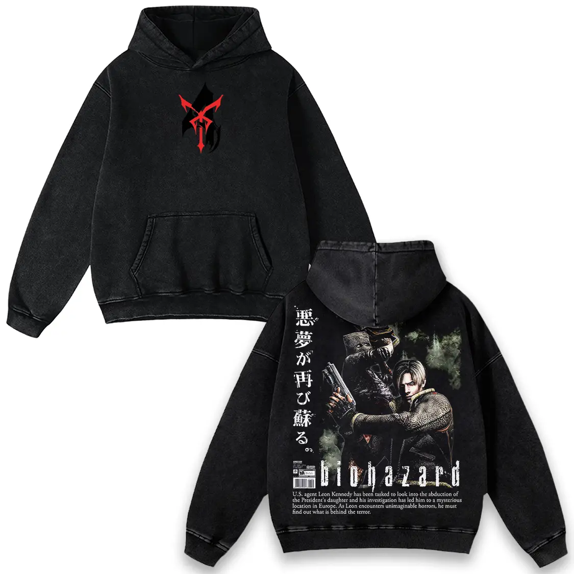 Resident Evil 4 Biohazard Hoodie & T-Shirt Leon Kennedy Graphic, Vintage Acid Wash Apparel, Survival Horror Game Merch, Japanese Aesthetic Pullover, Unisex Cotton Top