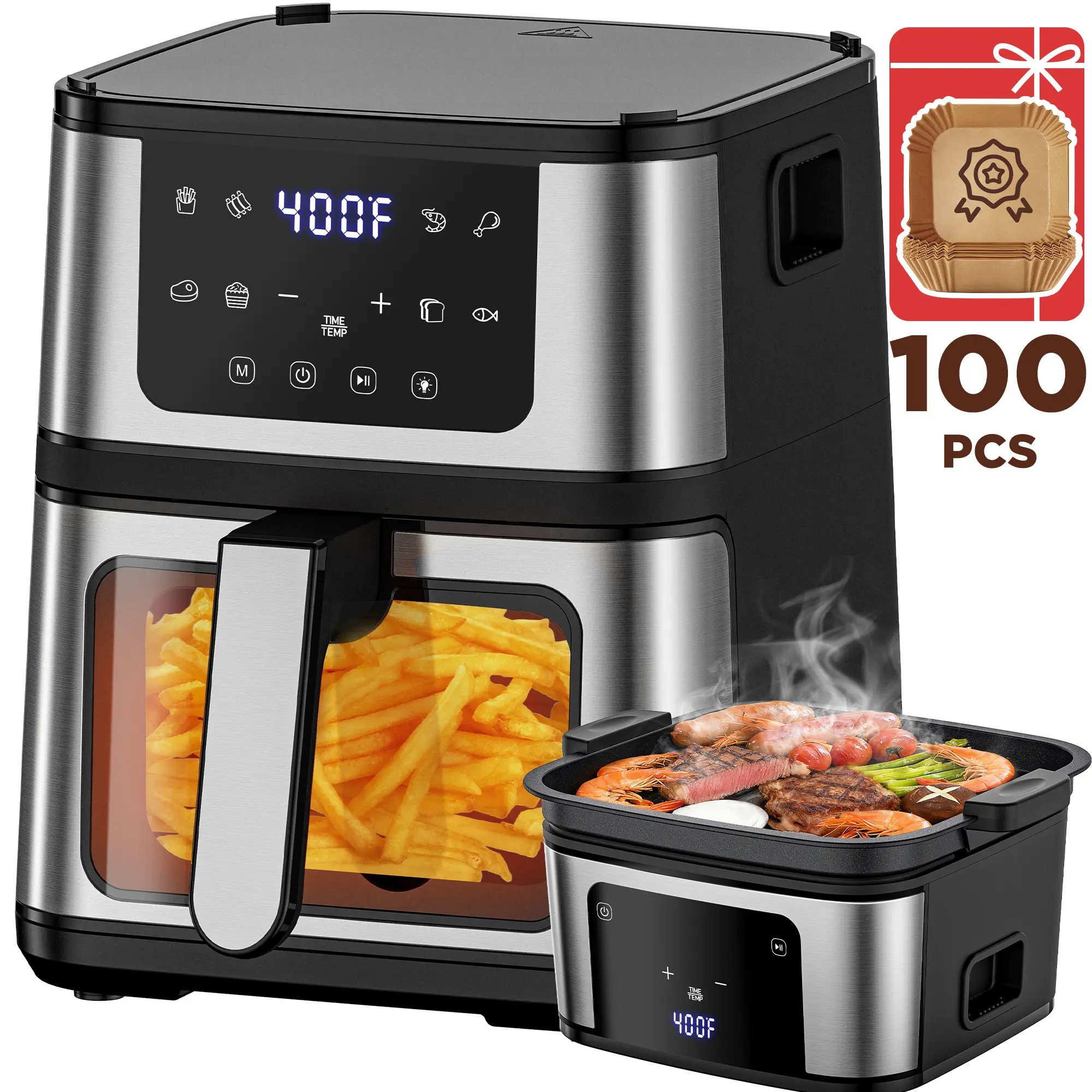 Famistar 7.5QT 8-in-1 Air Fryer with Grill Plate: 360° Hot Air Circulating, 10 Preset Programs, Healthy Cooking with 95% Less Oil