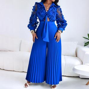CHICME Jacquard Sheer Mesh Patch Turn-down Collar Jumpsuit Elegant Waist Tied Detail Wedding Guest Pleated Flare Wedding Romper