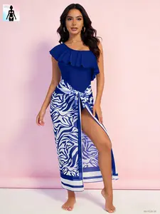 2026 New Royal Blue One-Shoulder Ruffle One-Piece Swimsuit with Zebra Print Mesh Cover-Up Skirt, Women’s Swimwear, Tummy Control, Flattering Solid Color Swimsuit for Summer Beach Pool Party Vacation, Plus Size Curvy Women’s Bathing Suit