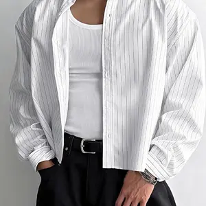 Men's Minimalist Striped Long Sleeve Shirt, Casual Lapel Button Front Cropped Top for All Season, Fashion Men's Clothes for Daily Wear T-Shirt