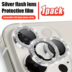 Silver-glitter protective film with single diamond embellishment Suitable for iPhone 17/16/15/14/13/12/11 Pro Max/Pro/Plus/Air camera lens covers Fingerprint-resistant and scratch-proof protective case Stylish mobile phone accessory Highquality lens cover