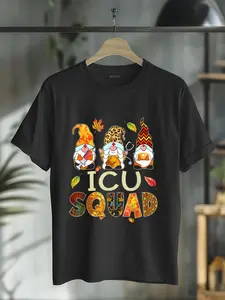 100% Cotton Unisex ICU Squad Gnome Nurse Leopard Thanksgiving Fall Stethoscope T-Shirt
