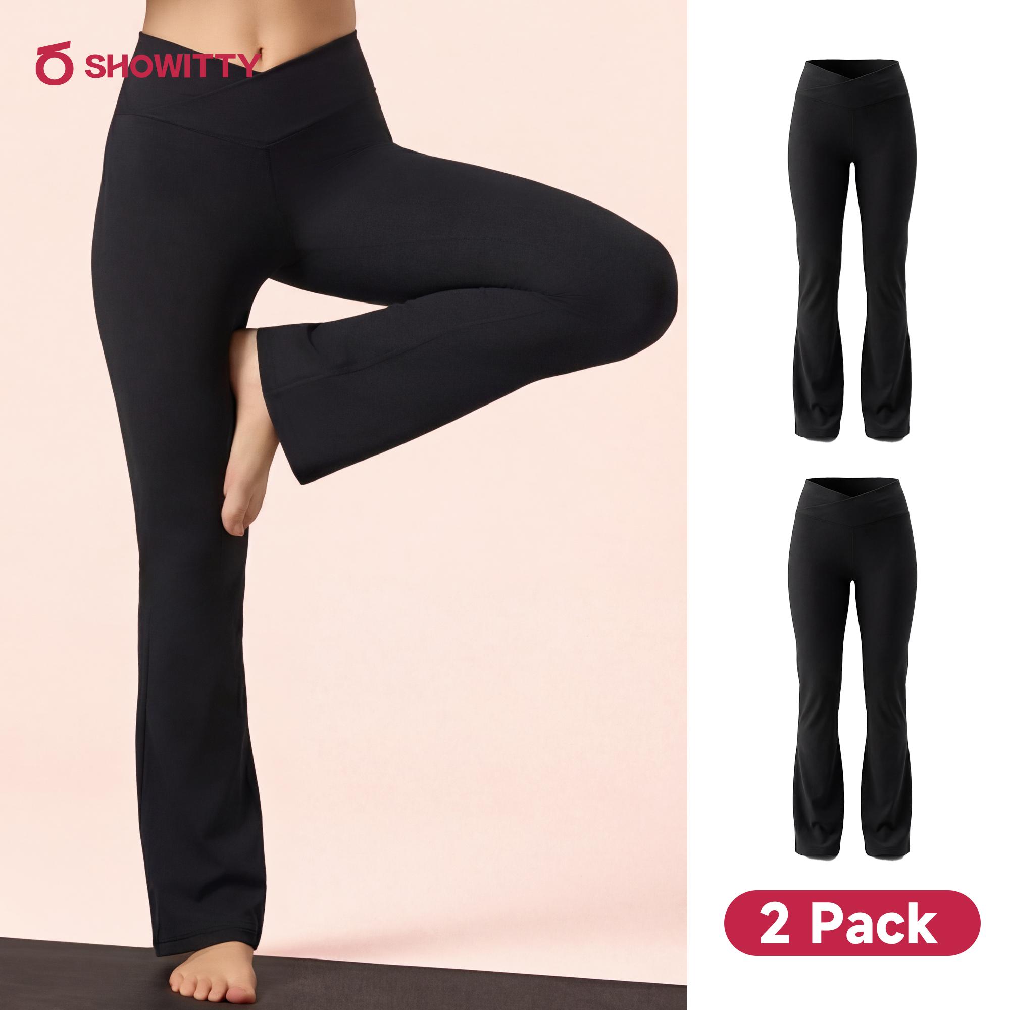 SHOWITTY Women's High Waisted 2 Pack Flare Leggings – Crossover Yoga Pants with Pockets Bootcut for Workout, Yoga & Casual Wear