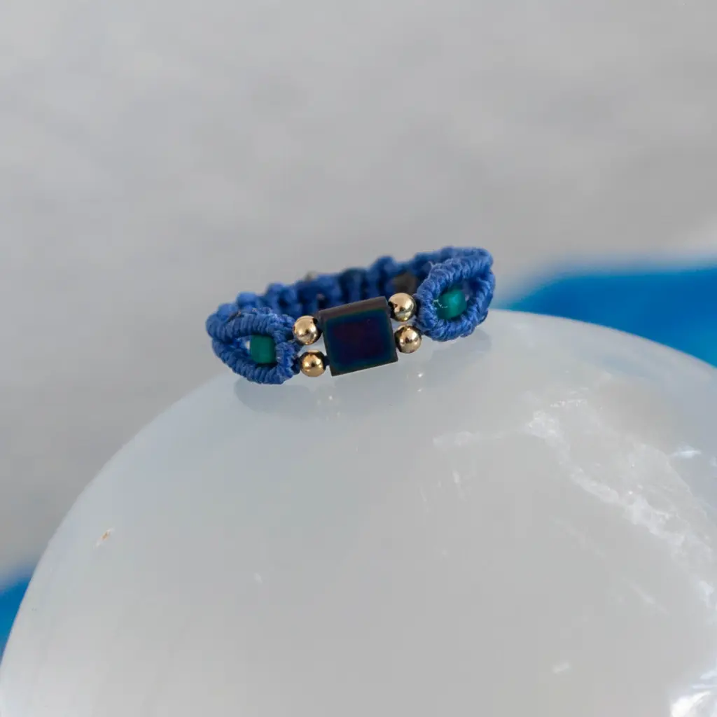 Minimalistic Macrame Ring - Periwinkle with Teal & Brass Accents