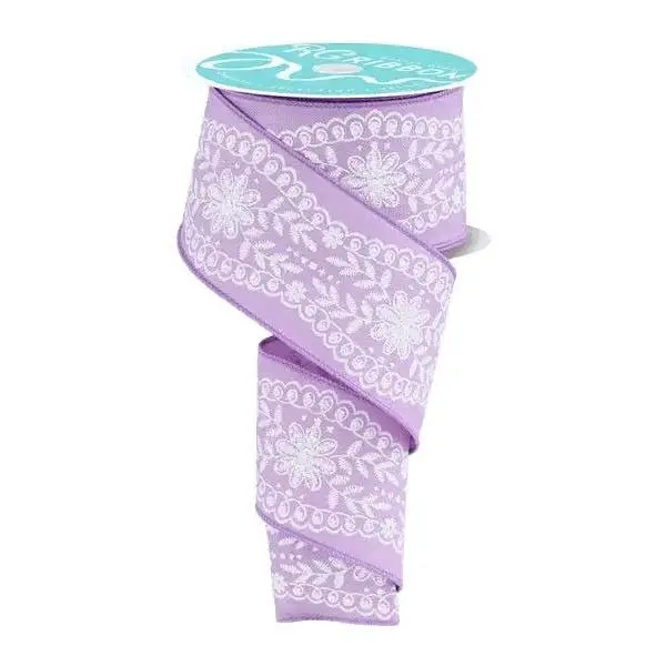 2.5" x 10yd Floral Lace Trim Ribbon (Lavender/White)