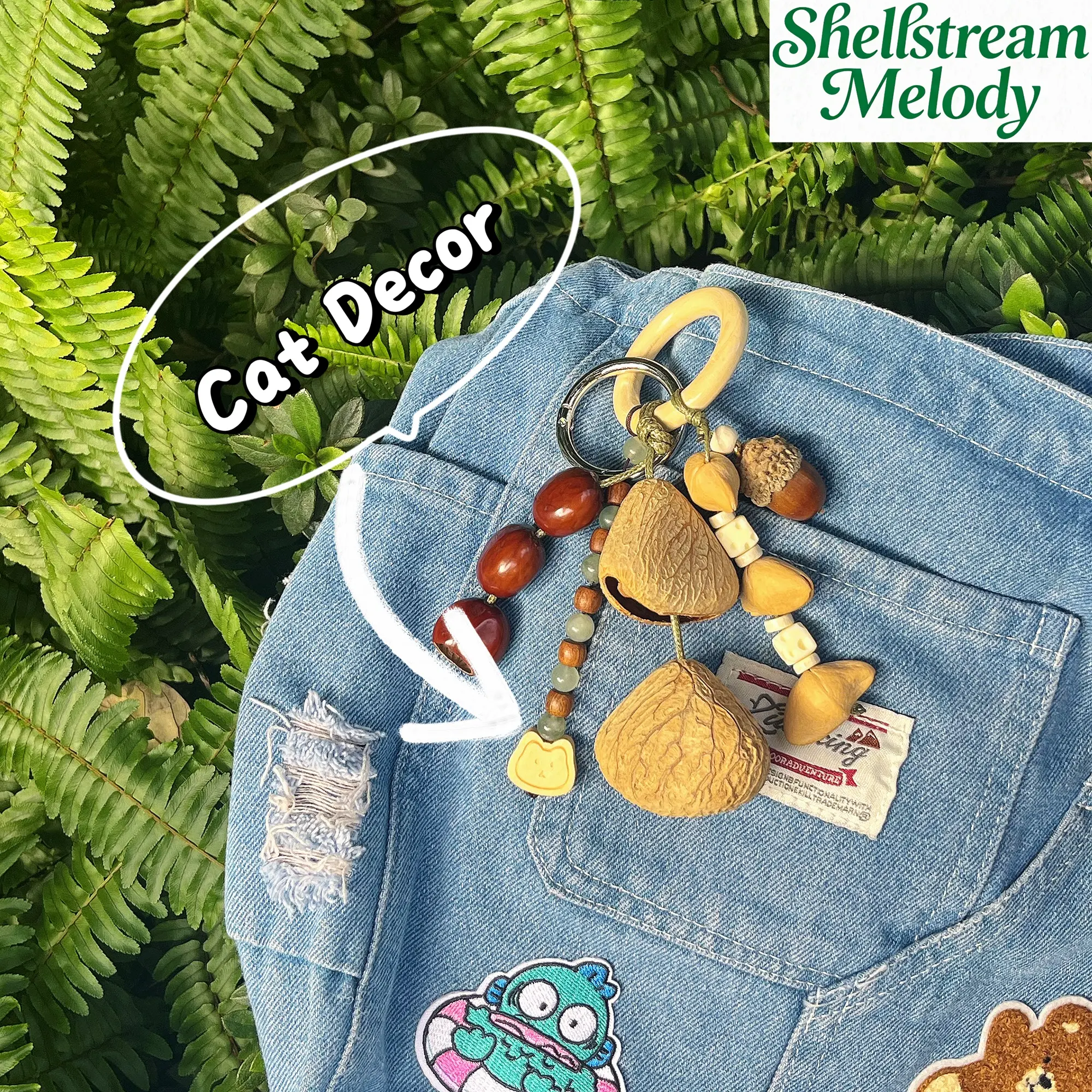 ASMR Cat Bag Charm, Aesthetic Handmade Shell Pendant with Gentle Stream Sounds, Natural Woodland Ornament, Viral TikTok Gift