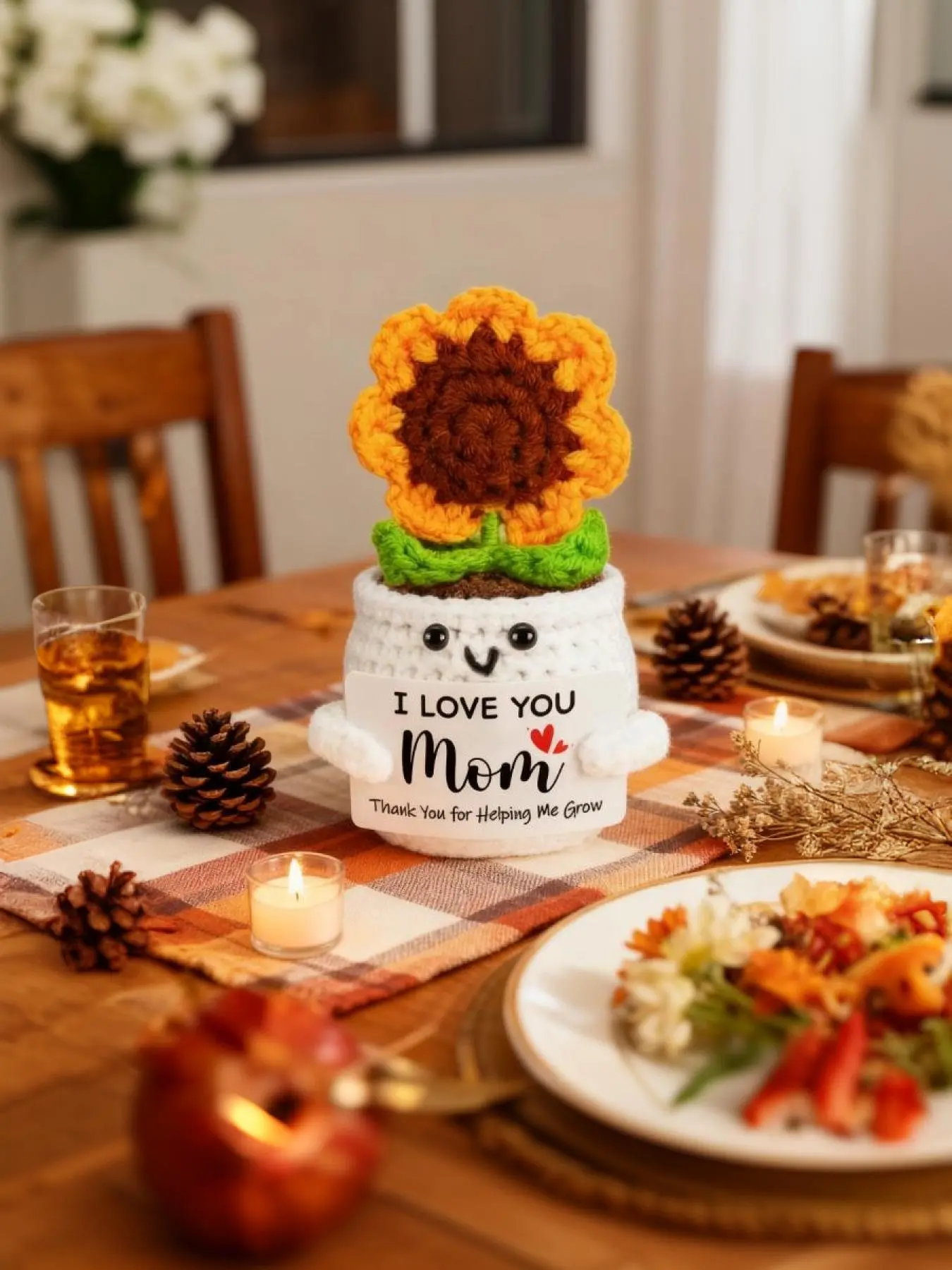 Mom's Birthday - Mom, I love you! Handmade funny and cute crochet sunflower, a birthday gift for mothers, Mother's Day, Christmas stocking stuffing, a Christmas gift for daughters and sons, and a Thanksgiving gift.